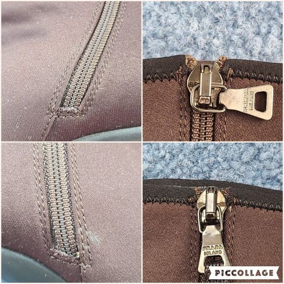 Prada Vintage BROWN Booties Nylon Sateen Spellout Logo Block Ankle Kitten Heel - Picture 12 of 15